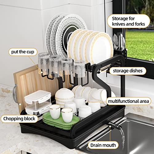Dish Drying Rack for Kitchen Counter Over The Sink, Larger 2-Tier Drainboard Set with Double-Layer Bowl Rack, Cup Rack, Sticky Board Rack, Cutlery Rack.