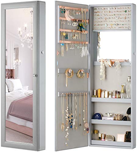 LUXFURNI Jewelry Armoire Organizer, Wall/Door Mounted Cabinet with Full Length Mirror (Grey)