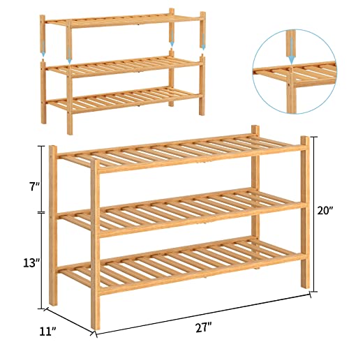 RONGJIA 3-Tier Natural Bamboo Shoe Rack - Stackable Storage Shelf with Multi-Function Combinations - Free Standing Shoe Racks for Convenient Shoe Organization（Natural） 11" D x 27" W x 20" H