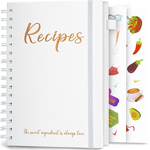 JUBTIC Recipe Book to Write in Your Own Recipes,Sprial Hardcover Personal Blank Recipe Book, Make Your Own Family Cookbook with Gold Foil Stickers, Recipe Notebook Hold 120 recipes - Pearl