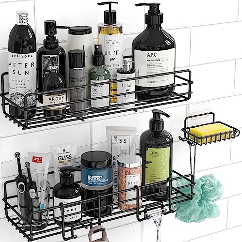 Moforoco 3-Pack Shower Caddy Basket Shelf with Soap Holder, No Drilling Traceless Adhesive Shower Wall Shelves, Rustproof Black Bathroom Shower Storage Organizer
