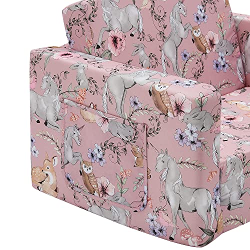 Ulax Furniture Kids Sofa Chair Children FILP-Out Chair 2-in-1 Convertible Sofa to Sleeper Couch (Pink Unicorn)