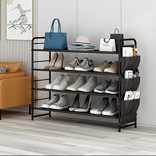 SUOERNUO Shoe Rack Storage Organizer 4 Tier Free Standing Metal Shoe Shelf Compact Shoe Organizer with Side Bag for Entryway Closet Bedroom,Bronze