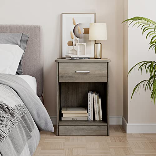 FOTOSOK Nightstand, 2-Tier Side Table with Drawer and Storage Shelf, Bedside Table End Table, Modern Night Stand for Bedroom, Living Room, Home Office, Vintage Grey