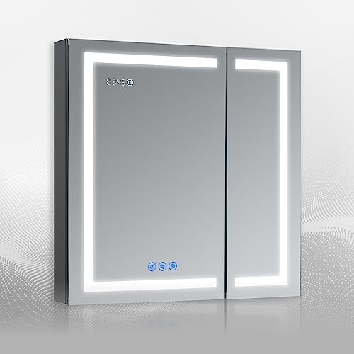 DECADOM LED Mirror Medicine Cabinet Recessed or Surface, Defogger, Dimmer, Clock, Room Temp Display, Makeup Mirror 3X, Outlets & USBs (RUBiNi 30x32)