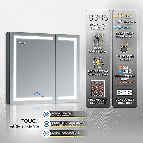 DECADOM LED Mirror Medicine Cabinet Recessed or Surface, Defogger, Dimmer, Clock, Room Temp Display, Makeup Mirror 3X, Outlets & USBs (RUBiNi 36x32)