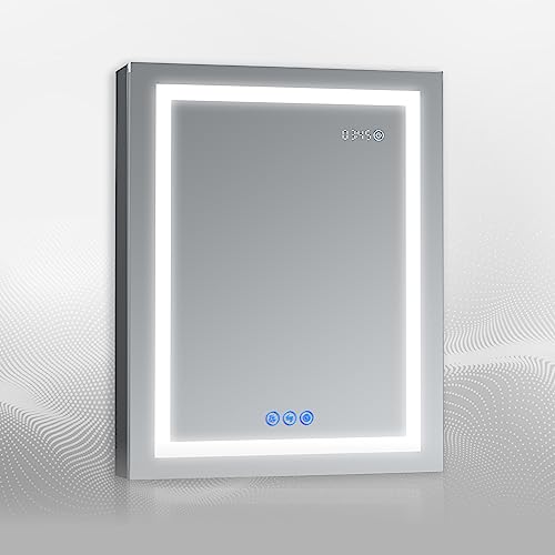 DECADOM LED Mirror Medicine Cabinet Recessed or Surface, Defogger, Dimmer, Clock, Room Temp Display, Makeup Mirror 3X, Outlets & USBs (RUBiNi 24x32/R)