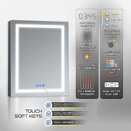 DECADOM LED Mirror Medicine Cabinet Recessed or Surface, Defogger, Dimmer, Clock, Room Temp Display, Makeup Mirror 3X, Outlets & USBs (RUBiNi 24x32/R)