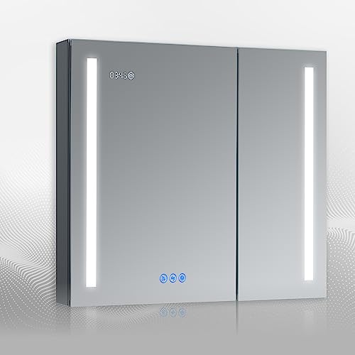 DECADOM LED Mirror Medicine Cabinet Recessed or Surface, Defogger, Dimmer, Clock, Room Temp Display, Makeup Mirror 3X, Outlets & USBs (Aura 36x30)