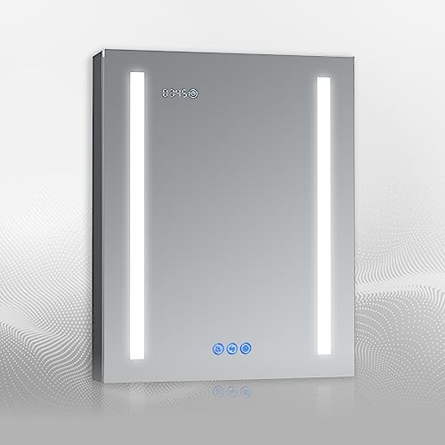 DECADOM LED Mirror Medicine Cabinet Recessed or Surface, Defogger, Dimmer, Clock, Room Temp Display, Makeup Mirror 3X, Outlets & USBs (Aura 24x30/L)