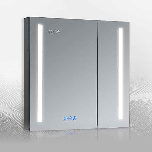 DECADOM LED Mirror Medicine Cabinet Recessed or Surface, Defogger, Dimmer, Clock, Room Temp Display, Makeup Mirror 3X, Outlets & USBs (Aura 30x30)