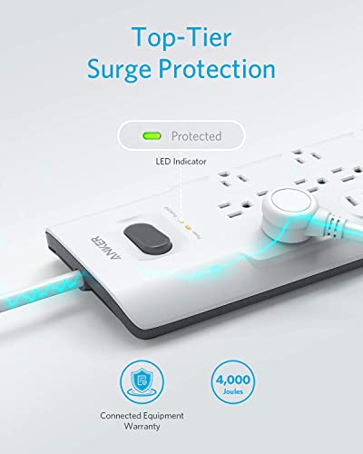 Anker Power Strip Surge Protector, 12 Outlets & 3 USB-A Charging Ports with Flat Plug, 8ft Extension Cord, PowerIQ for iPhone Xs/XS Max/XR/X, Galaxy, for Home, Office, and More (4000 Joules) (White)