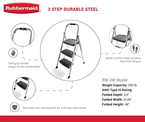 Rubbermaid RM-3W Folding 3 Steel Frame Stool with Hand Grip and Plastic Steps, 200-Pound Capacity, Silver
