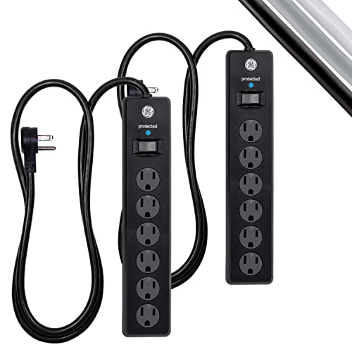 GE 6-Outlet Surge Protector, 2 Pack, 4 Ft Extension Cord, Power Strip, 800 Joules, Flat Plug, Twist-to-Close Safety Covers, Protected Indicator Light, UL Listed, Black, 54635