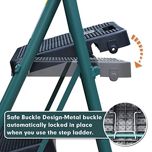 4 Step Ladder, HBTower Folding Step Stool with Tool Platform, Wide Anti-Slip Pedal, Sturdy Steel Ladder, Convenient Handgrip, Lightweight 330lbs Portable Steel Step Stool, Green and Black