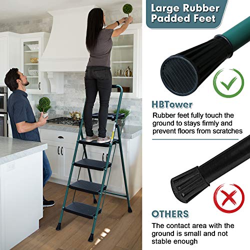 4 Step Ladder, HBTower Folding Step Stool with Tool Platform, Wide Anti-Slip Pedal, Sturdy Steel Ladder, Convenient Handgrip, Lightweight 330lbs Portable Steel Step Stool, Green and Black