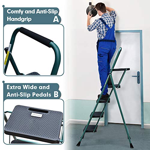 4 Step Ladder, HBTower Folding Step Stool with Tool Platform, Wide Anti-Slip Pedal, Sturdy Steel Ladder, Convenient Handgrip, Lightweight 330lbs Portable Steel Step Stool, Green and Black