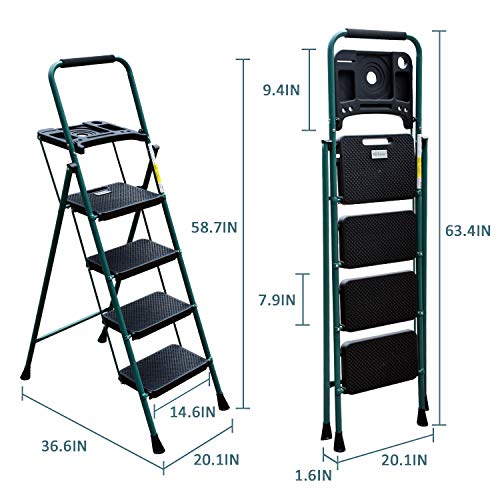 4 Step Ladder, HBTower Folding Step Stool with Tool Platform, Wide Anti-Slip Pedal, Sturdy Steel Ladder, Convenient Handgrip, Lightweight 330lbs Portable Steel Step Stool, Green and Black