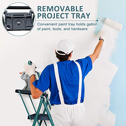 4 Step Ladder, HBTower Folding Step Stool with Tool Platform, Wide Anti-Slip Pedal, Sturdy Steel Ladder, Convenient Handgrip, Lightweight 330lbs Portable Steel Step Stool, Green and Black