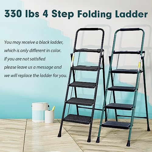 4 Step Ladder, HBTower Folding Step Stool with Tool Platform, Wide Anti-Slip Pedal, Sturdy Steel Ladder, Convenient Handgrip, Lightweight 330lbs Portable Steel Step Stool, Green and Black