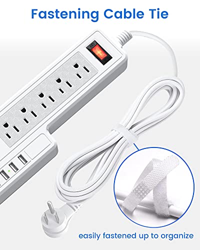 Mountable Surge Protector Power Strip JACKYLED 10ft 6 Outlets 4 USB Ports Electric Power Outlet with Right Angle Flat Plug Electric Long Extension Cord Power Charging Station for Home Office White
