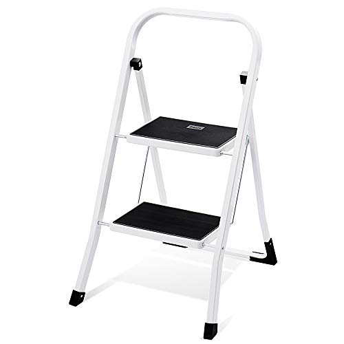Delxo Step Ladder 2 Step Stool with Handle Heavy Duty Steel Sturdy Wide Pedal Ladder Folding Lightweight Anti-Slip Portable & Collapsible Ladder Kitchen Small Step Stool 500 lbs.White