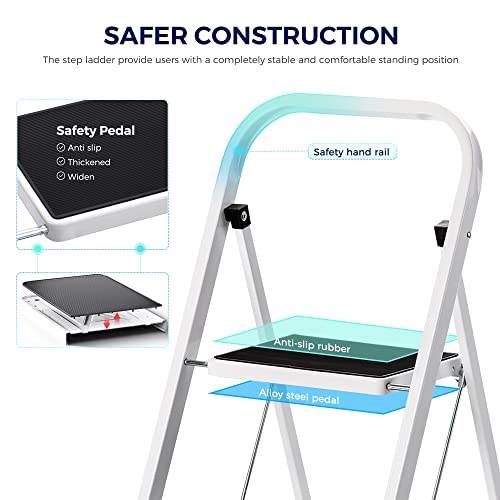 Delxo Step Ladder 2 Step Stool with Handle Heavy Duty Steel Sturdy Wide Pedal Ladder Folding Lightweight Anti-Slip Portable & Collapsible Ladder Kitchen Small Step Stool 500 lbs.White