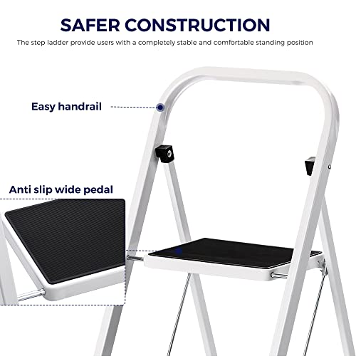 Delxo Step Ladder 2 Step Stool with Handle Heavy Duty Steel Sturdy Wide Pedal Ladder Folding Lightweight Anti-Slip Portable & Collapsible Ladder Kitchen Small Step Stool 500 lbs.White