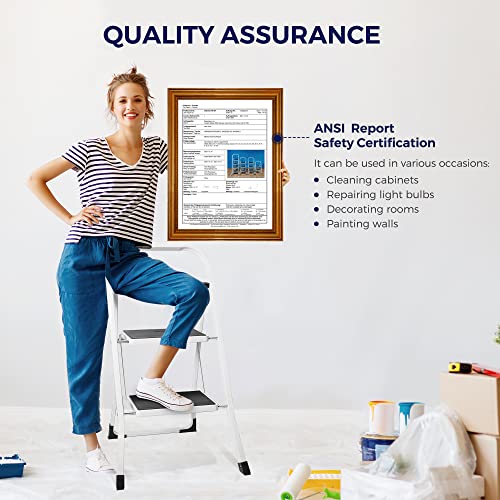 Delxo Step Ladder 2 Step Stool with Handle Heavy Duty Steel Sturdy Wide Pedal Ladder Folding Lightweight Anti-Slip Portable & Collapsible Ladder Kitchen Small Step Stool 500 lbs.White