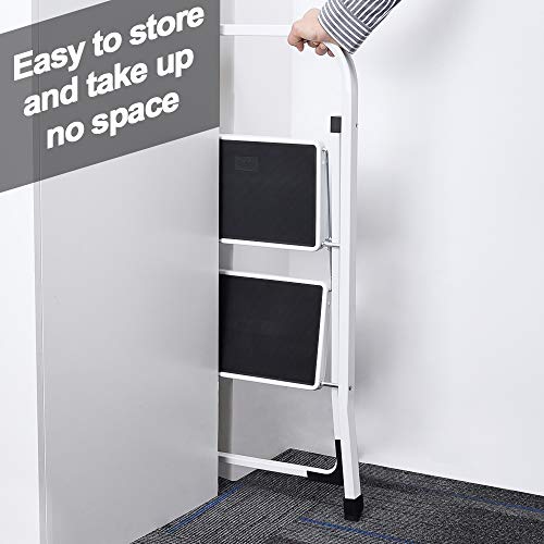 Delxo Step Ladder 2 Step Stool with Handle Heavy Duty Steel Sturdy Wide Pedal Ladder Folding Lightweight Anti-Slip Portable & Collapsible Ladder Kitchen Small Step Stool 500 lbs.White