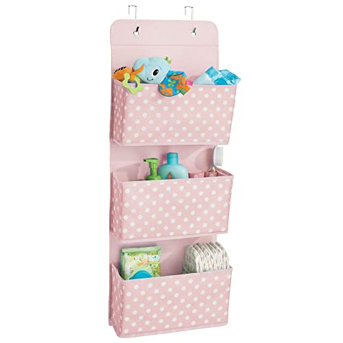 mDesign Fabric Hanging Organizers for Over the Door Storage In Bedroom or Hallway Closets - 3 Pocket Organizer Caddy with Hooks for Linens, Clothing and Accessories - Polka Dot - Pink/White