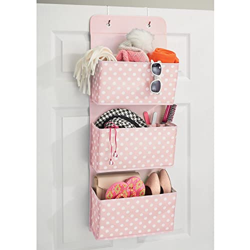 mDesign Fabric Hanging Organizers for Over the Door Storage In Bedroom or Hallway Closets - 3 Pocket Organizer Caddy with Hooks for Linens, Clothing and Accessories - Polka Dot - Pink/White