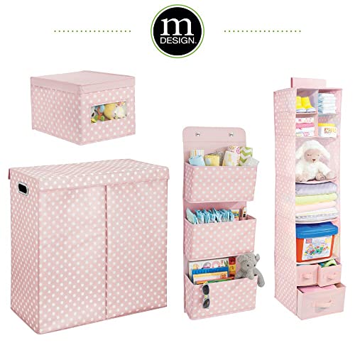 mDesign Fabric Hanging Organizers for Over the Door Storage In Bedroom or Hallway Closets - 3 Pocket Organizer Caddy with Hooks for Linens, Clothing and Accessories - Polka Dot - Pink/White