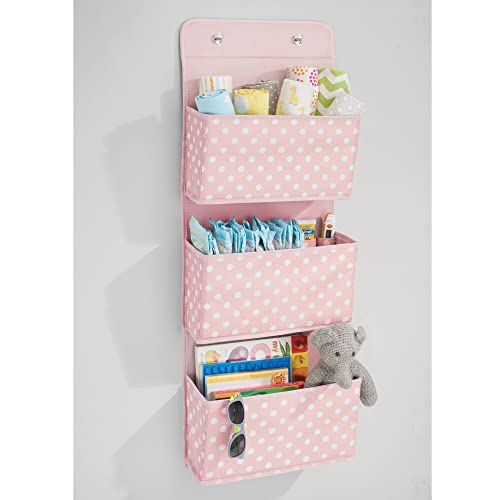 mDesign Fabric Hanging Organizers for Over the Door Storage In Bedroom or Hallway Closets - 3 Pocket Organizer Caddy with Hooks for Linens, Clothing and Accessories - Polka Dot - Pink/White