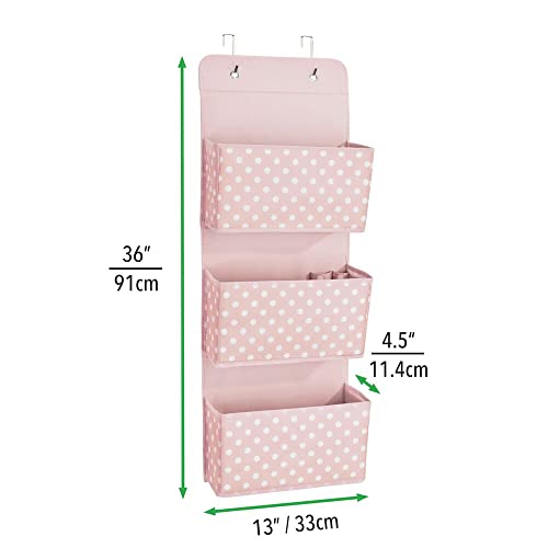 mDesign Fabric Hanging Organizers for Over the Door Storage In Bedroom or Hallway Closets - 3 Pocket Organizer Caddy with Hooks for Linens, Clothing and Accessories - Polka Dot - Pink/White