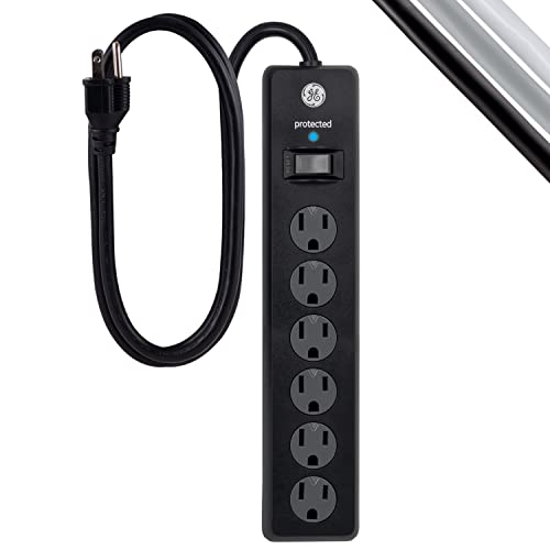 GE 6-Outlet Surge Protector, 3 Ft Extension Cord, Power Strip, 800 Joules, Heavy Duty Plug, Twist-to-Close Safety Covers, Protected Indicator Light, UL Listed, Black, 47224
