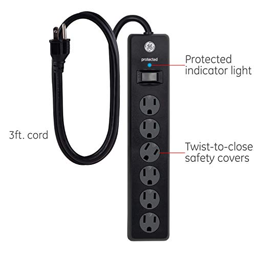 GE 6-Outlet Surge Protector, 3 Ft Extension Cord, Power Strip, 800 Joules, Heavy Duty Plug, Twist-to-Close Safety Covers, Protected Indicator Light, UL Listed, Black, 47224