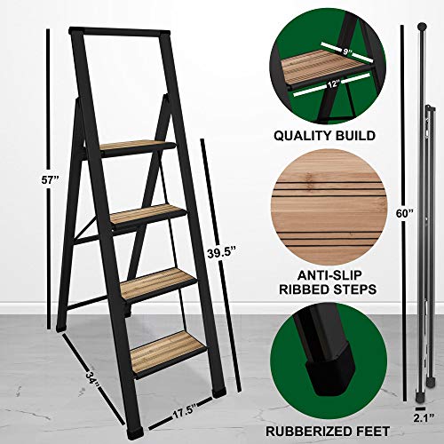 Step Ladder 4 Step Folding, Decorative - Beautiful Bamboo & Black Aluminum, Ultra Slim Profile, Anti Slip Steps, Sturdy-Portable for Home, Office, Kitchen, Photography Use,by SORFEY