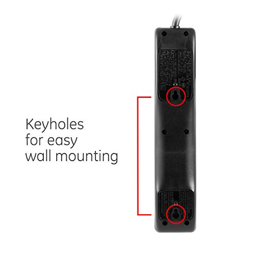 GE 6-Outlet Surge Protector, 3 Ft Extension Cord, Power Strip, 800 Joules, Heavy Duty Plug, Twist-to-Close Safety Covers, Protected Indicator Light, UL Listed, Black, 47224