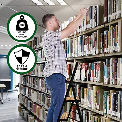 Step Ladder 4 Step Folding, Decorative - Beautiful Bamboo & Black Aluminum, Ultra Slim Profile, Anti Slip Steps, Sturdy-Portable for Home, Office, Kitchen, Photography Use,by SORFEY