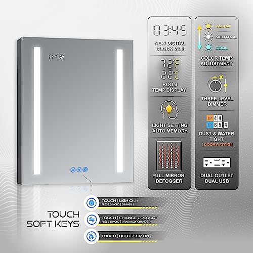 DECADOM LED Mirror Medicine Cabinet Recessed or Surface, Defogger, Dimmer, Clock, Room Temp Display, Makeup Mirror 3X, Outlets & USBs (Aura 24x30/L)
