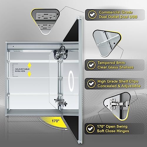 DECADOM LED Mirror Medicine Cabinet Recessed or Surface, Defogger, Dimmer, Clock, Room Temp Display, Makeup Mirror 3X, Outlets & USBs (RUBiNi 24x32/R)