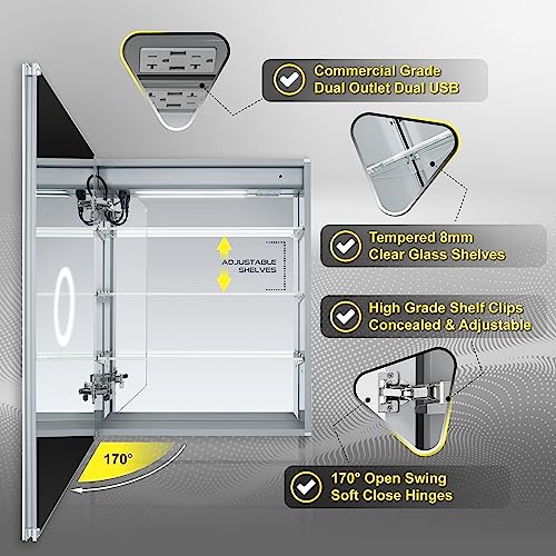 DECADOM LED Mirror Medicine Cabinet Recessed or Surface, Defogger, Dimmer, Clock, Room Temp Display, Makeup Mirror 3X, Outlets & USBs (Aura 24x30/L)