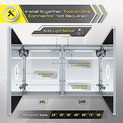 DECADOM LED Mirror Medicine Cabinet Recessed or Surface, Defogger, Dimmer, Clock, Room Temp Display, Makeup Mirror 3X, Outlets & USBs (RUBiNi 24x32/R)