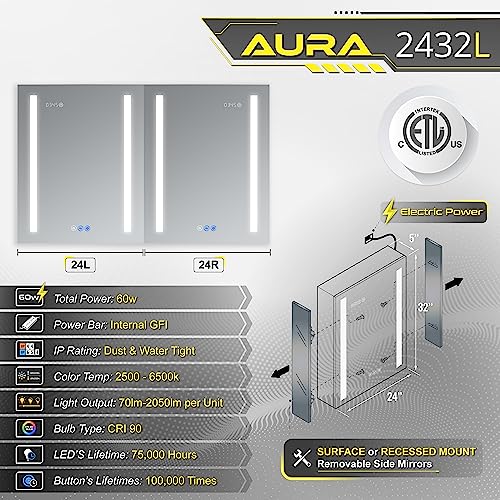 DECADOM LED Mirror Medicine Cabinet Recessed or Surface, Defogger, Dimmer, Clock, Room Temp Display, Makeup Mirror 3X, Outlets & USBs (Aura 24x30/L)