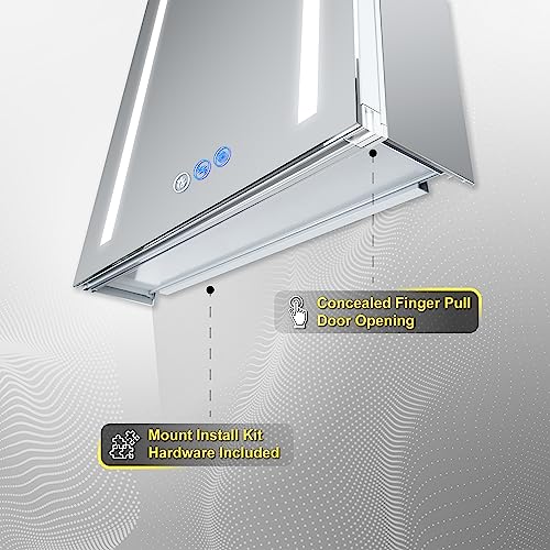 DECADOM LED Mirror Medicine Cabinet Recessed or Surface, Defogger, Dimmer, Clock, Room Temp Display, Makeup Mirror 3X, Outlets & USBs (Aura 24x30/L)