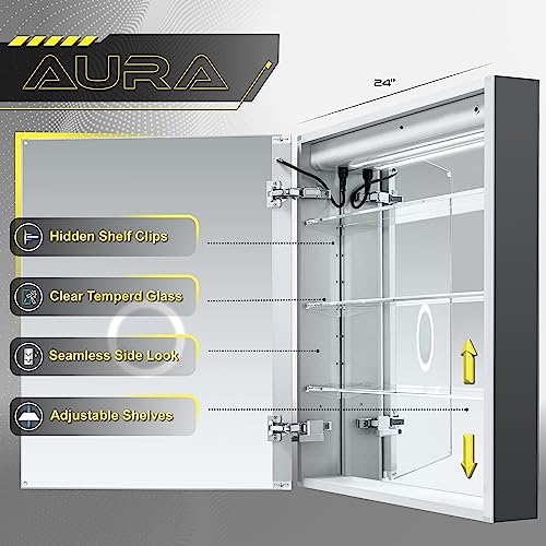 DECADOM LED Mirror Medicine Cabinet Recessed or Surface, Defogger, Dimmer, Clock, Room Temp Display, Makeup Mirror 3X, Outlets & USBs (Aura 24x30/L)