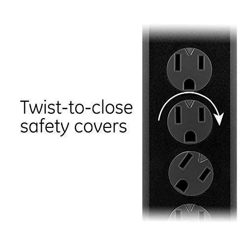 GE 6-Outlet Surge Protector, 15 Ft Extension Cord, Power Strip, 800 Joules, Flat Plug, Twist-to-Close Safety Covers, Protected Indicator Light, UL Listed, Black, 50767