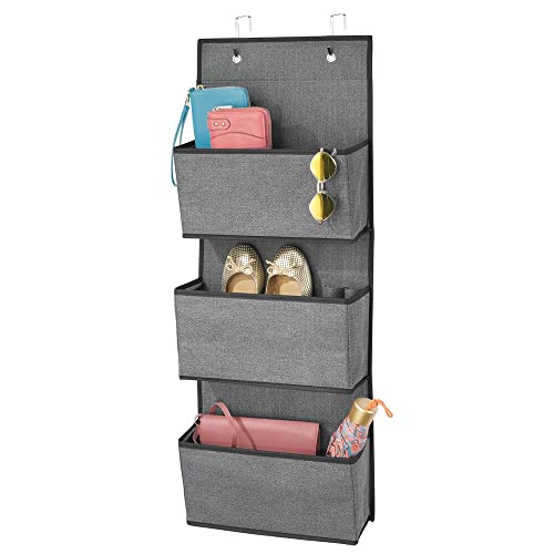 mDesign Fabric Hanging Organizers for Over The Door Storage in Bedroom/Hallway Closets, 3 Pocket Organizer Caddy, Hooks for Clothing, Accessories, Lido Collection, Textured Print, Charcoal Gray/Black