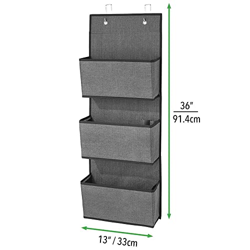 mDesign Fabric Hanging Organizers for Over The Door Storage in Bedroom/Hallway Closets, 3 Pocket Organizer Caddy, Hooks for Clothing, Accessories, Lido Collection, Textured Print, Charcoal Gray/Black